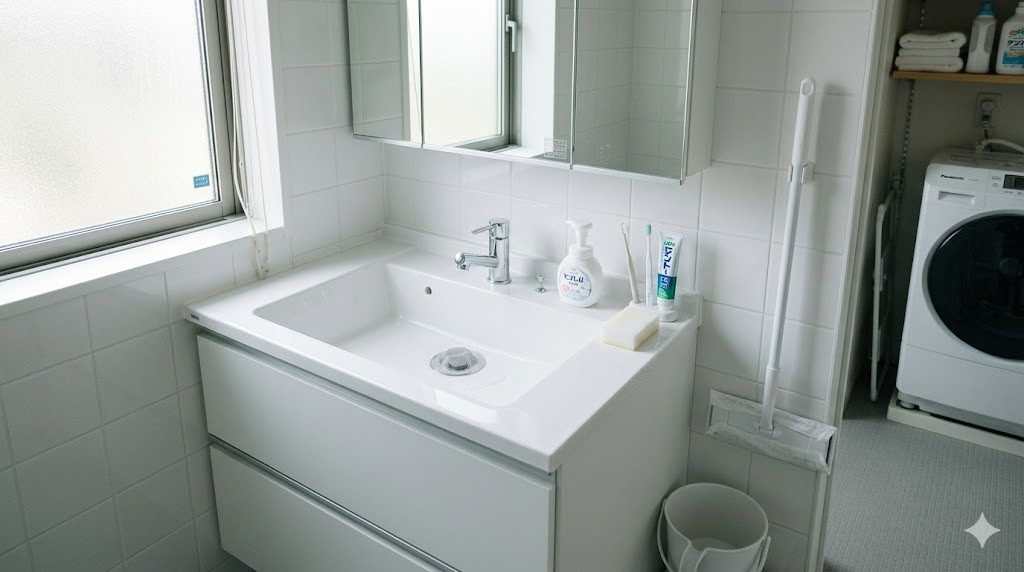 100均の掃除グッズで清潔に保たれた洗面所