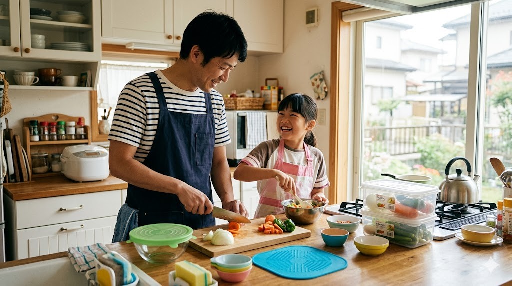 明るいキッチンで一緒に料理する父と娘