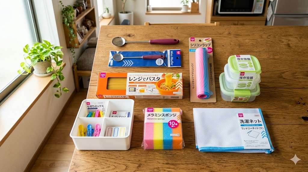 テーブルに並んだ100均の時短グッズ