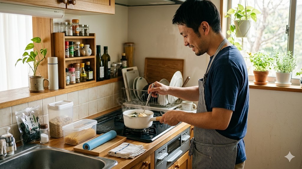 キッチンで味噌汁を作る父親と100均キッチングッズ