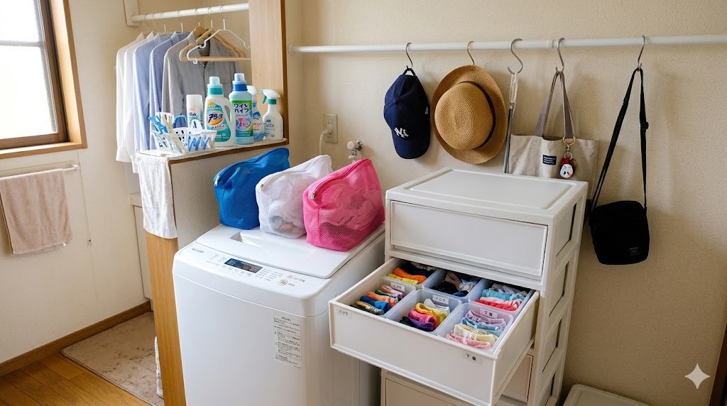 色分けされた洗濯ネットと仕切りボックスで整理された収納
