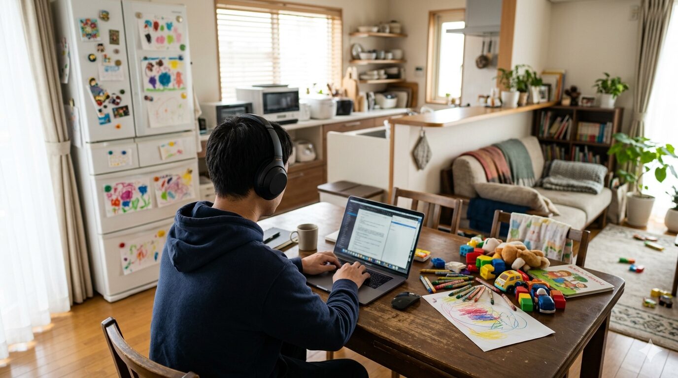 ヘッドホンをつけてリビングで在宅勤務する男性