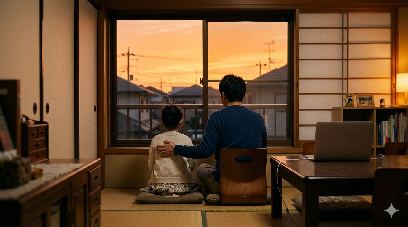 夕焼けを眺める父と娘の後ろ姿