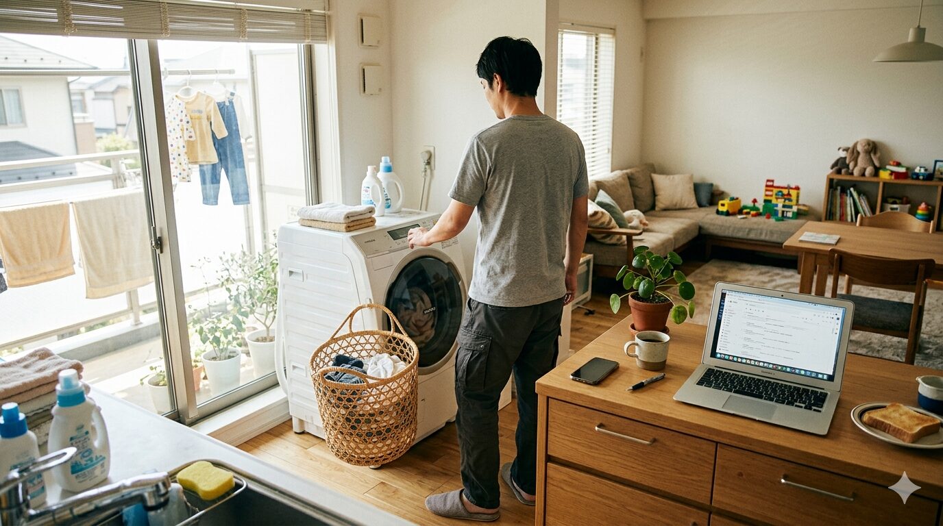 在宅勤務の合間に洗濯をするシンパパの後ろ姿