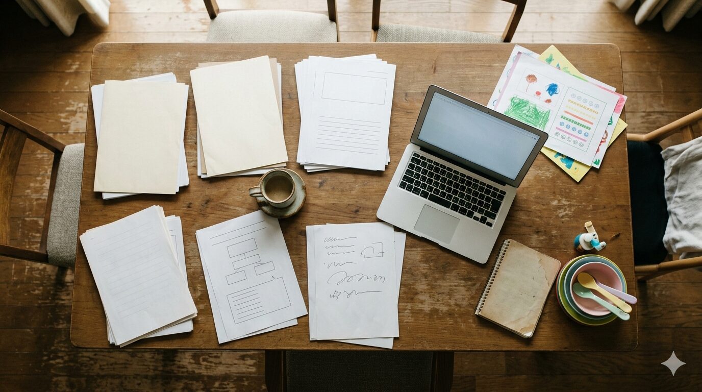 書類とパソコンが散らばる在宅勤務のデスク