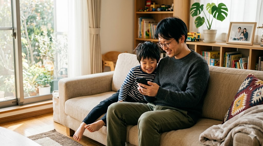リビングでスマートフォンを見ながら子どもと一緒にソファに座っている父親