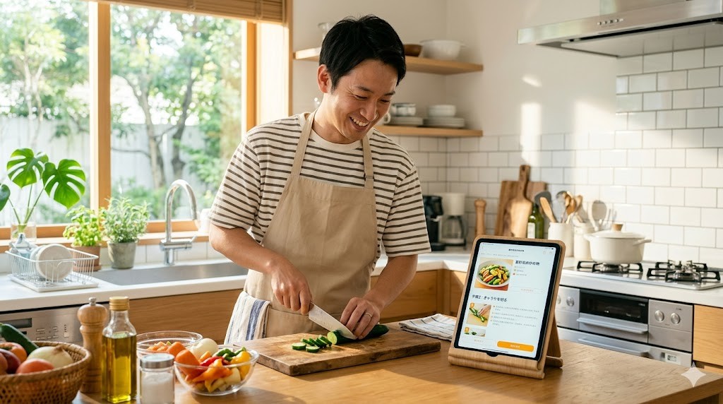明るいキッチンでタブレットのレシピを見ながら料理する父親
