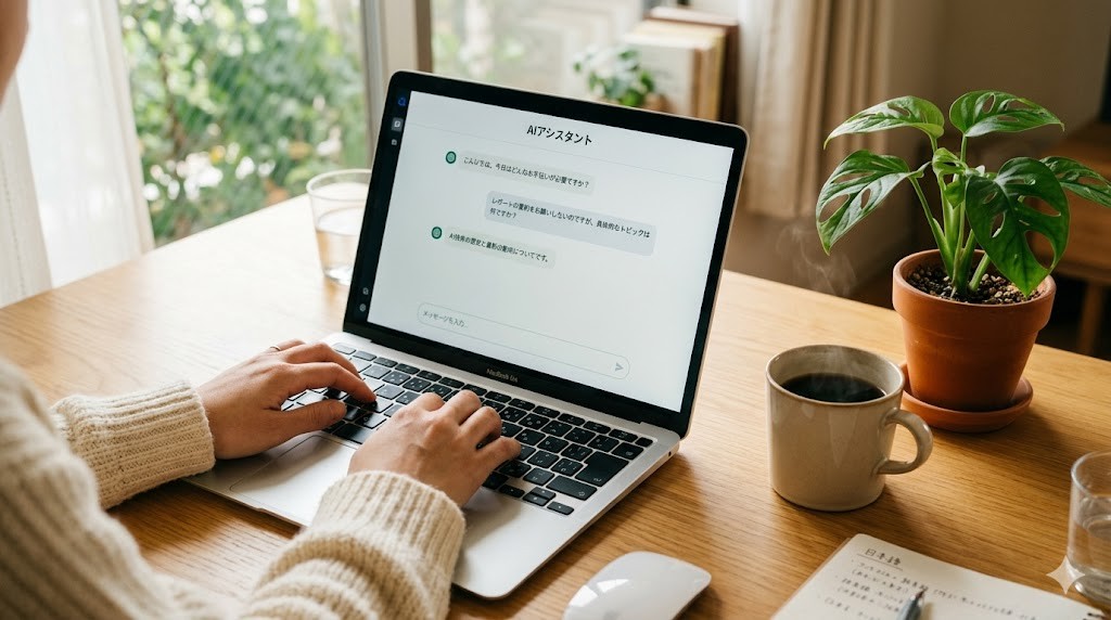 明るいデスクでノートパソコンのAIチャット画面を操作している手元