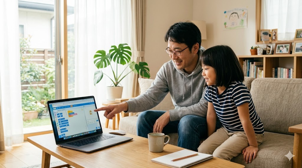 父親と子どもが一緒にノートパソコンの画面を見ている