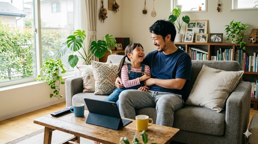 父親と子どもがソファでリラックスして笑い合っている