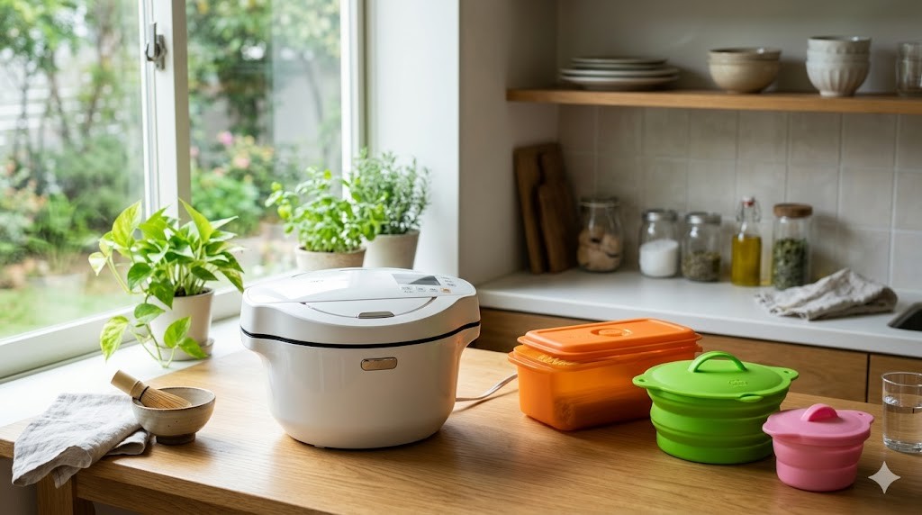 キッチンに並ぶ自動調理器と電子レンジ調理グッズ