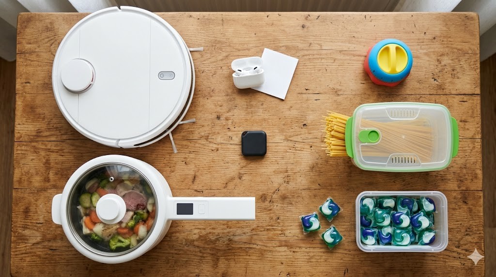 便利グッズが並んだテーブルの俯瞰写真