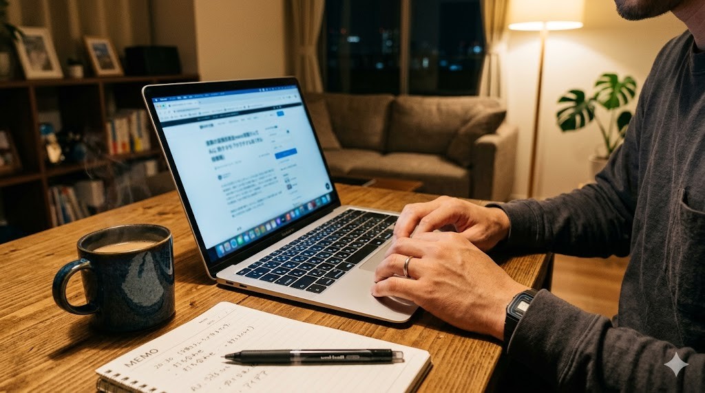 夜にPCで副業をするイメージ