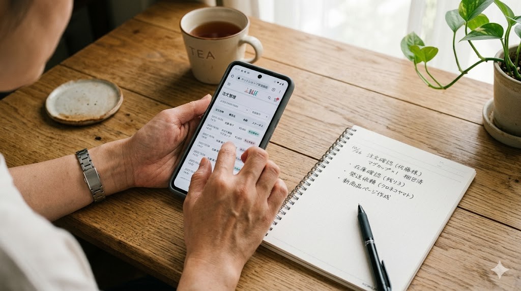 スマホとノートでネットショップを管理するイメージ