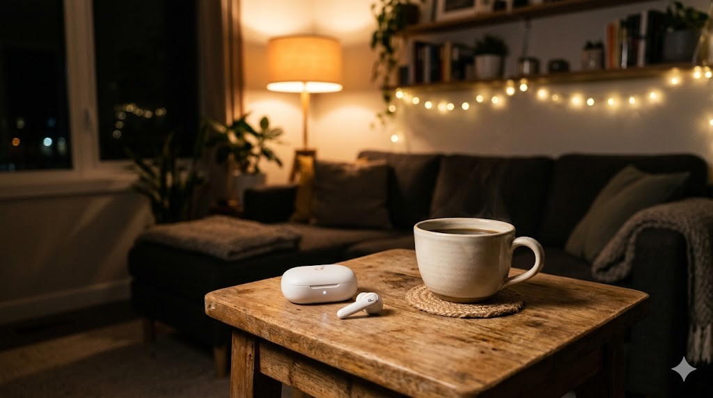 ワイヤレスイヤホンとコーヒーのリラックスシーン
