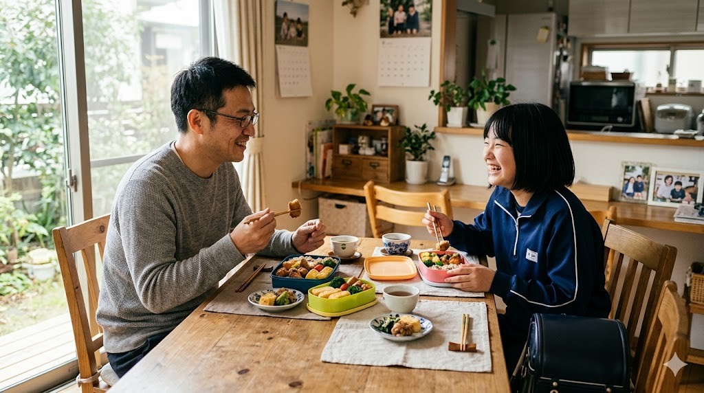 手作りお弁当を前に笑顔の父親と中学生の娘