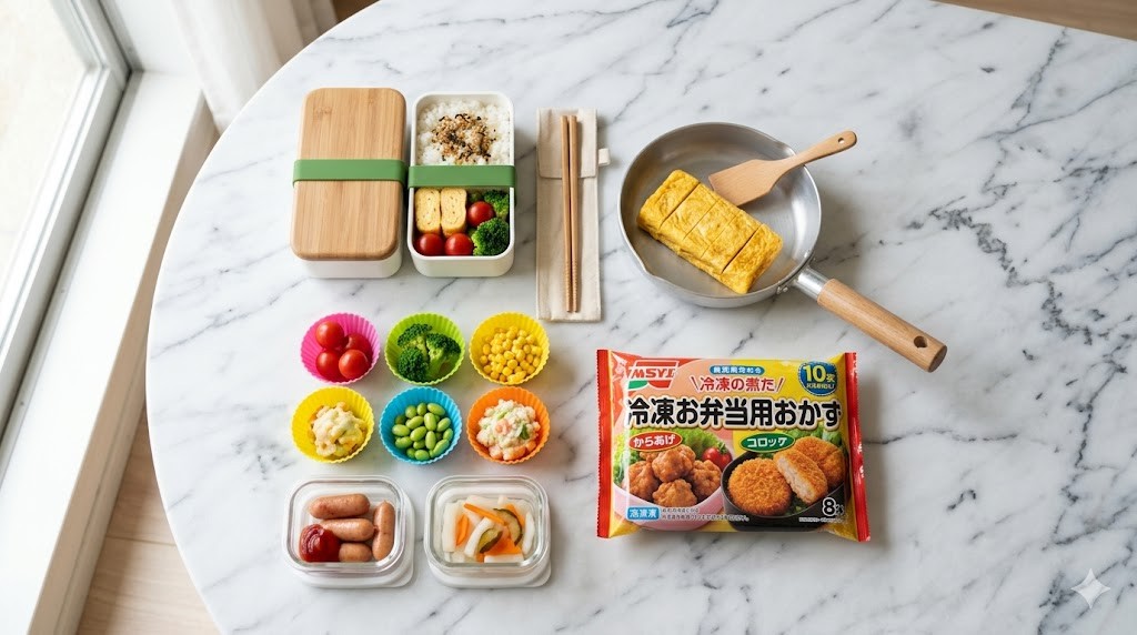 お弁当箱・シリコンカップ・保存容器・ミニフライパンが並ぶ