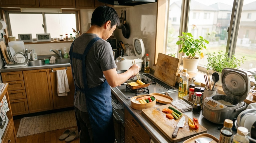 朝のキッチンでお弁当を作るシングルファーザー