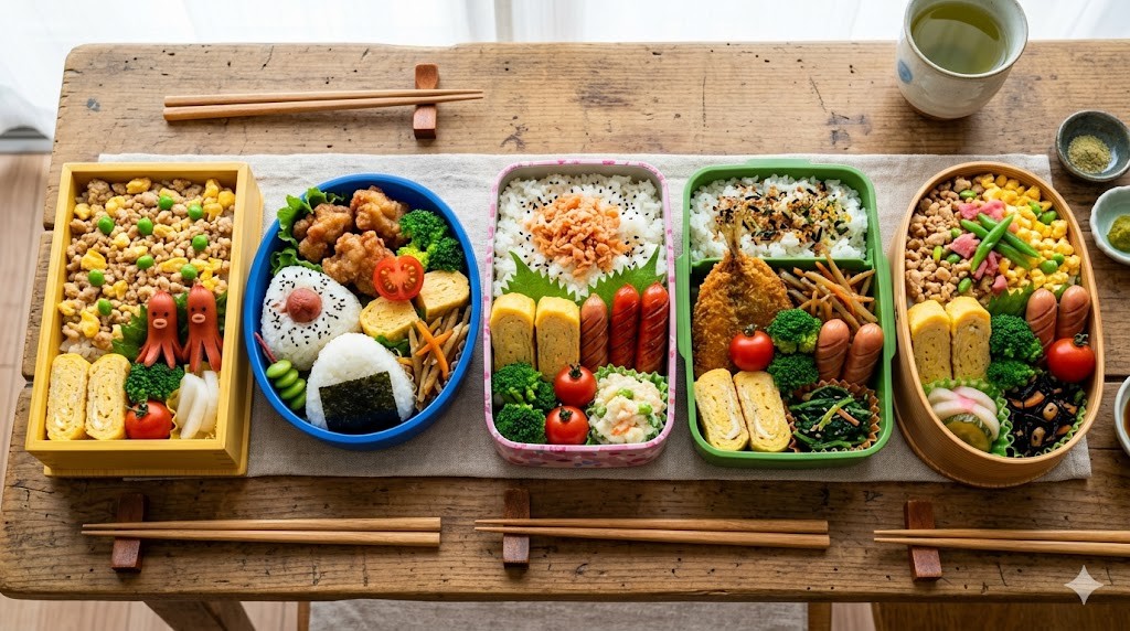 色とりどりの手作りお弁当5つが木のテーブルに並ぶ