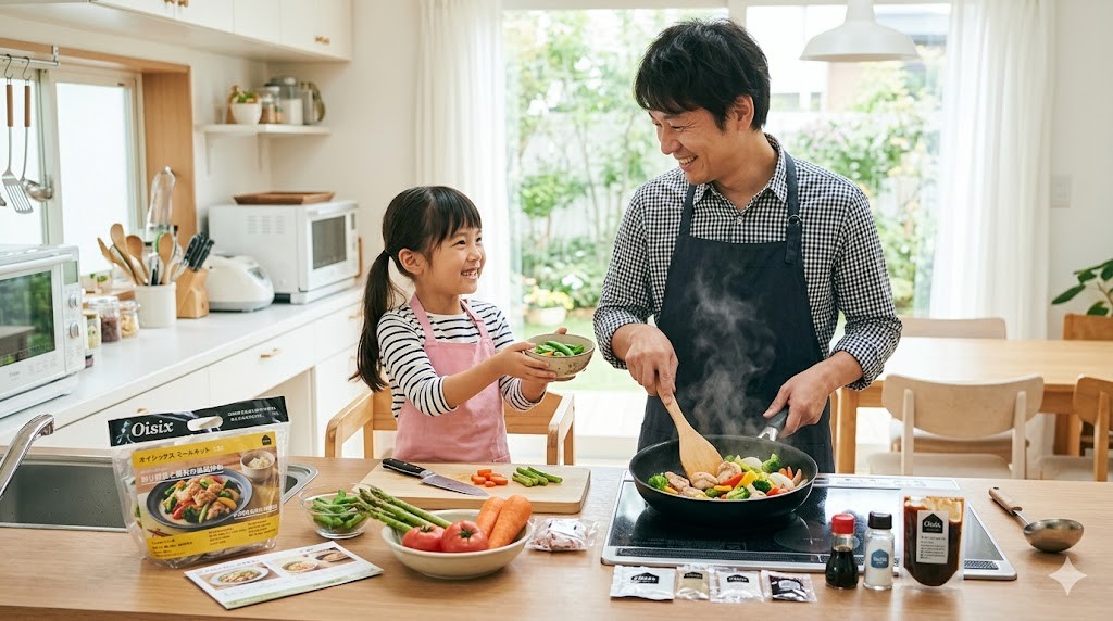 キッチンでミールキットを使って一緒に料理する父親と娘