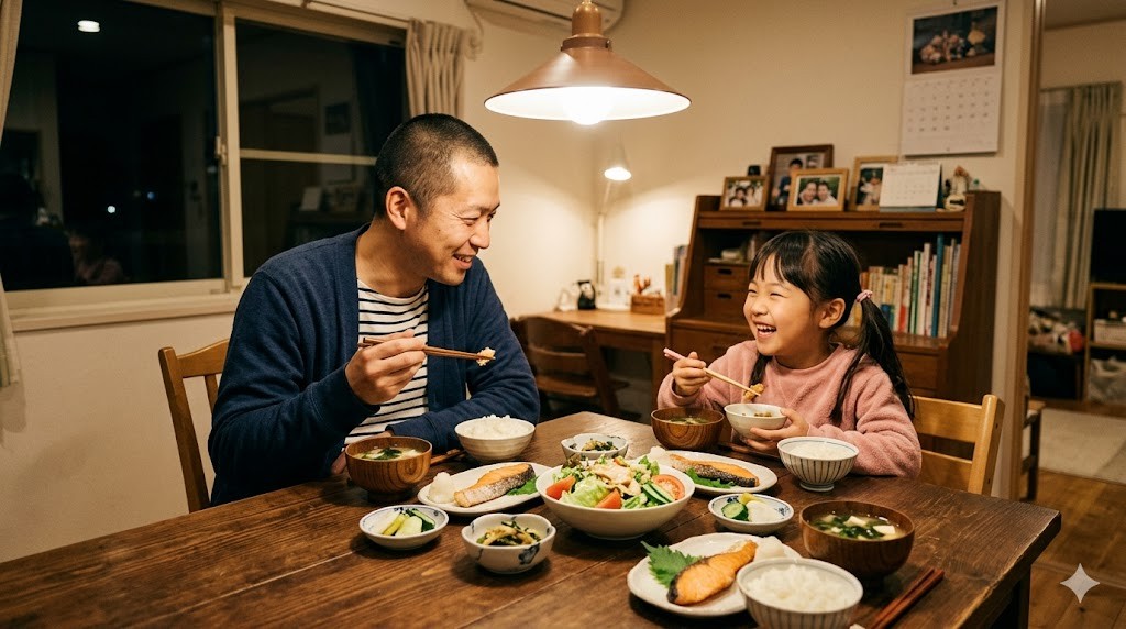温かい照明の中で笑顔で夕食を囲む父親と娘