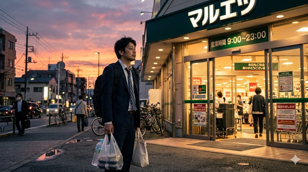 仕事帰りに夕暮れのスーパーの前に立つ疲れた父親
