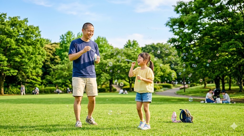 晴れた休日の公園で娘とシャボン玉で遊ぶ父親