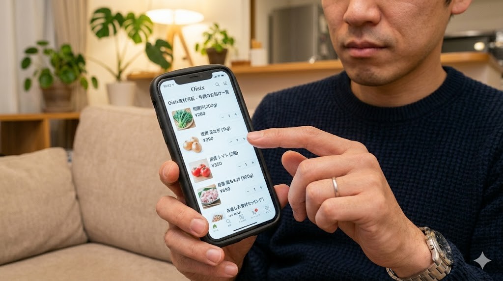 ソファに座りながらスマートフォンで食材宅配の注文アプリを操作する手元