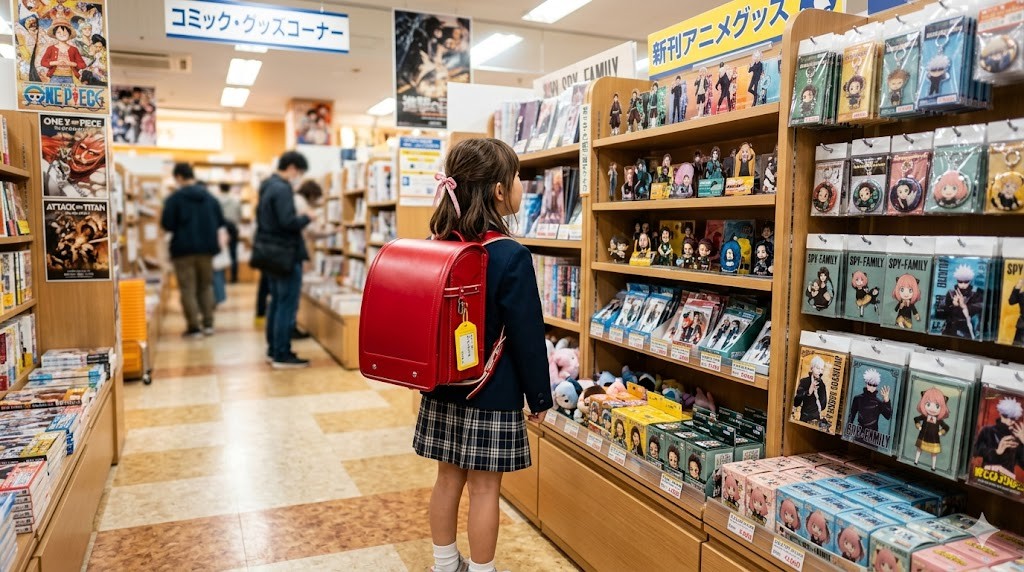 書店の漫画グッズコーナーでアニメグッズを眺める女の子の後ろ姿