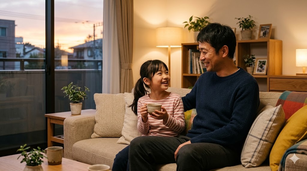 夕方のリビングでソファに並んで座り会話する父と娘