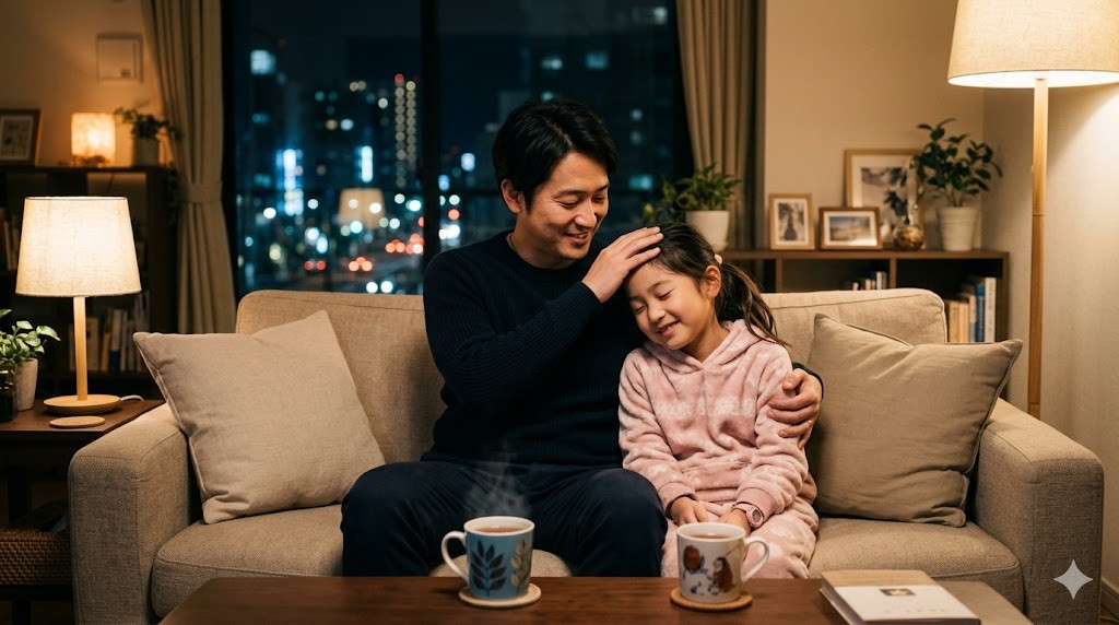 夜のリビングで間接照明の中、父が娘の頭を撫でている温かいシーン