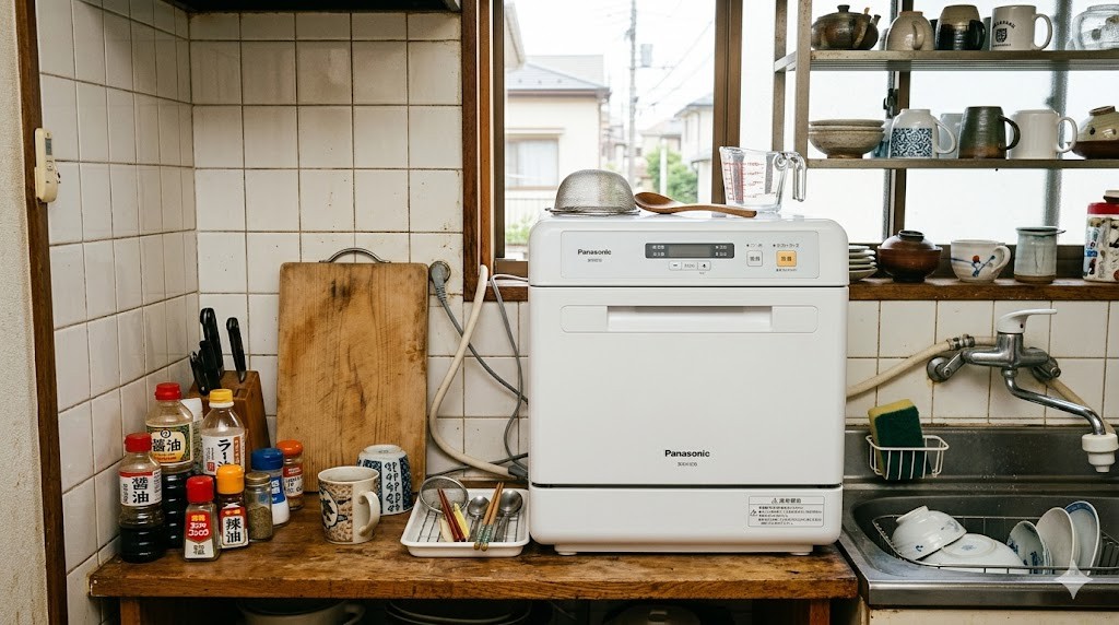 狭いキッチンカウンターに置かれたコンパクト食洗機
