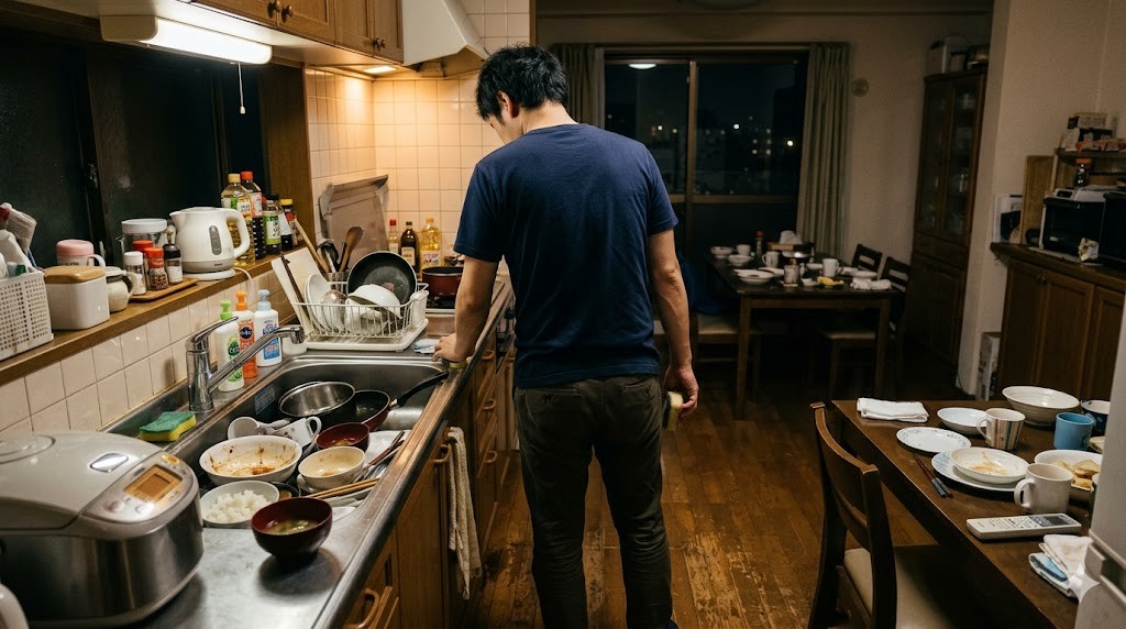 夜のキッチンでシンクに山積みの食器を前に立つ父親の後ろ姿