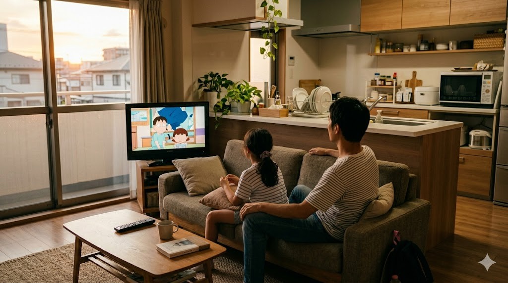 リビングでリラックスする父親と娘の後ろ姿