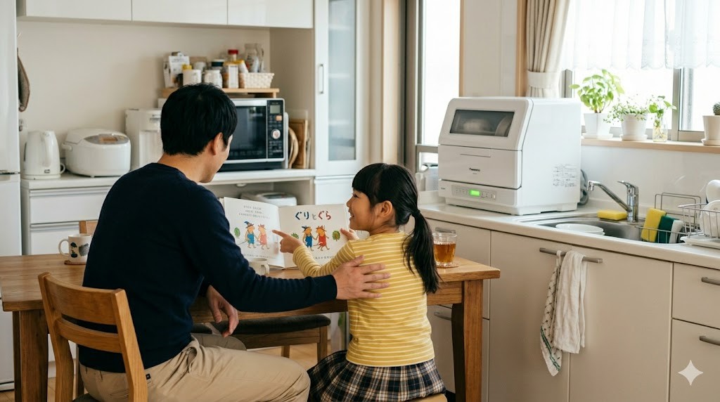 食洗機が稼働するキッチンで娘と過ごす父親