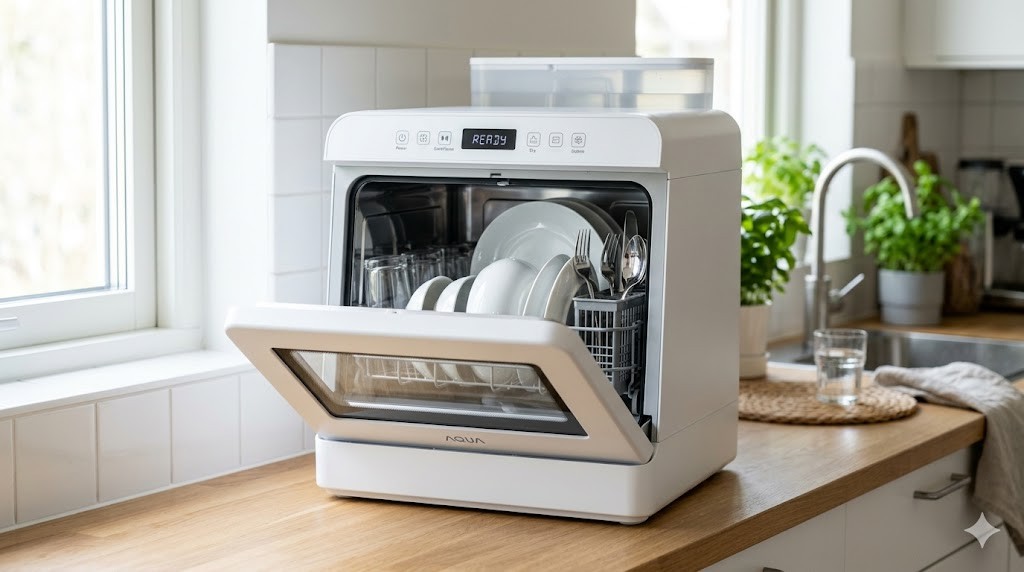 明るいキッチンに置かれたモダンな白い卓上食洗機