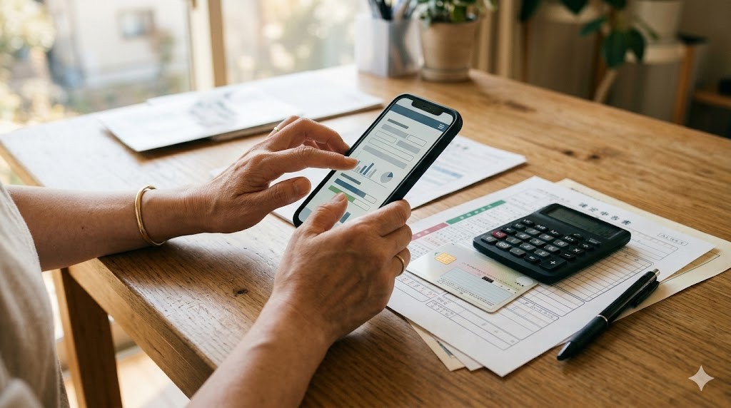 e-Taxでスマホから確定申告する手元。マイナンバーカード・電卓・書類が並ぶ