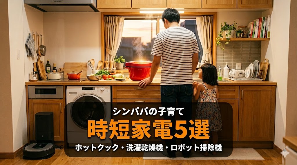 シンパパと娘がキッチンに並ぶ後ろ姿と時短家電