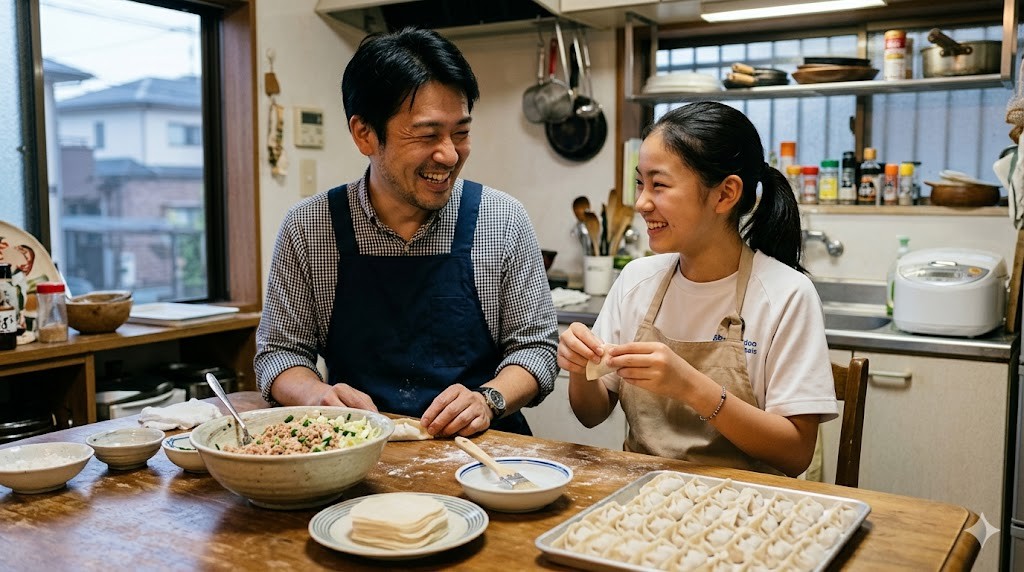 父親と娘が一緒に楽しく餃子を包んでいる写真