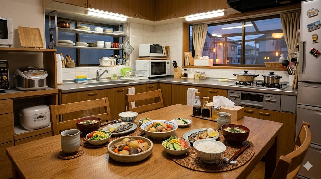 整理された日本の家庭のキッチンとダイニングテーブルに並ぶ手作り夕食