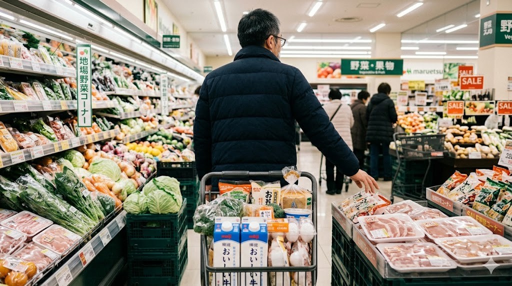 スーパーマーケットで食材をまとめ買いしている父親の写真