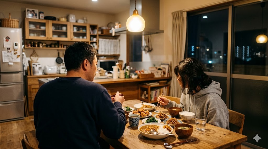 暖色のライトの下、ダイニングテーブルで夕食を囲むシンパパと娘の様子