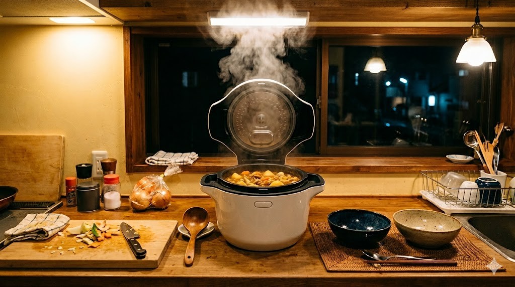 夜のキッチンで湯気を上げるホットクックと調理中の食材