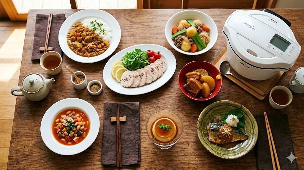 ホットクックで作った無水カレー・肉じゃが・角煮など7品の家庭料理の俯瞰写真