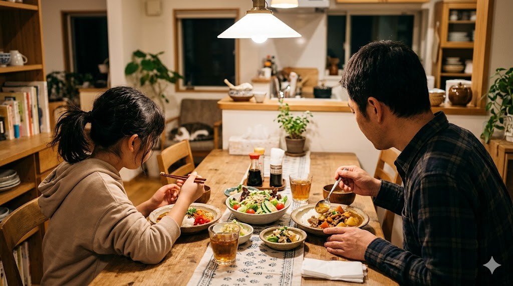 父と娘がホットクックで作った夕食を楽しんでいる様子