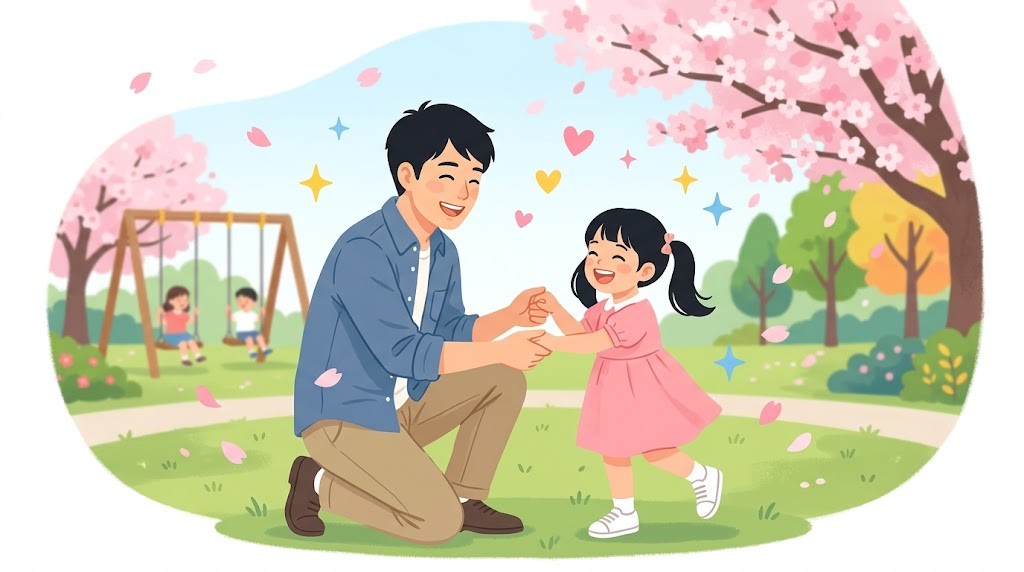 公園で笑顔で遊ぶシングルファザーと娘のフラットイラスト