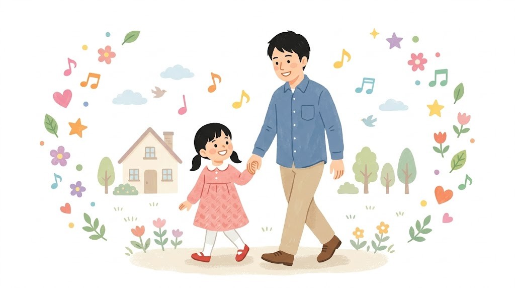 シングルファザーと娘が手をつないで歩くフラットイラスト