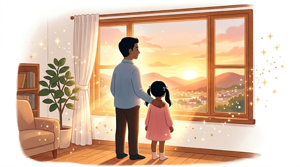 夕日の差すリビングの窓辺で未来を見つめる父と娘のフラットイラスト