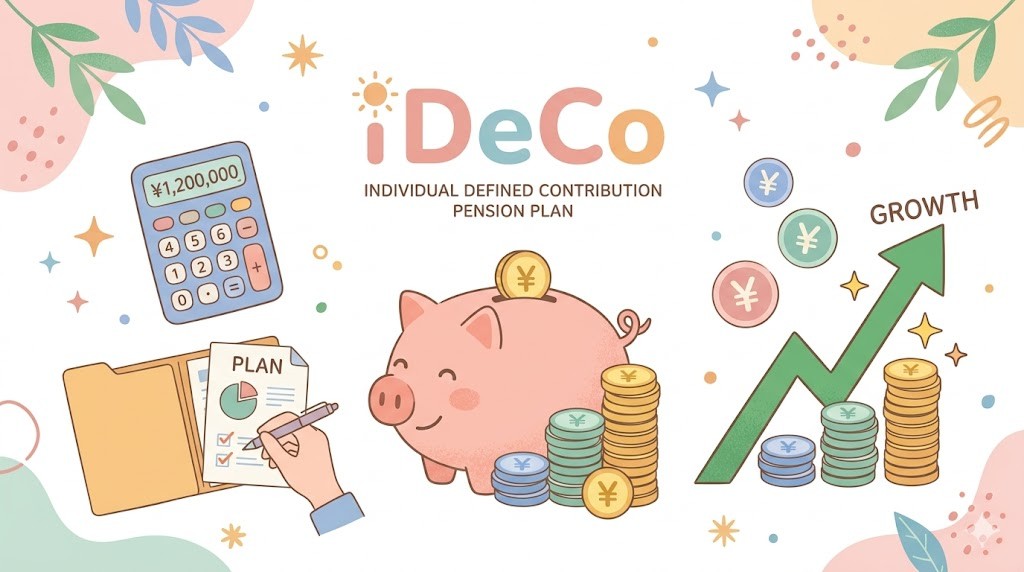 iDeCoの概念を表す貯金箱・電卓・グラフのフラットイラスト