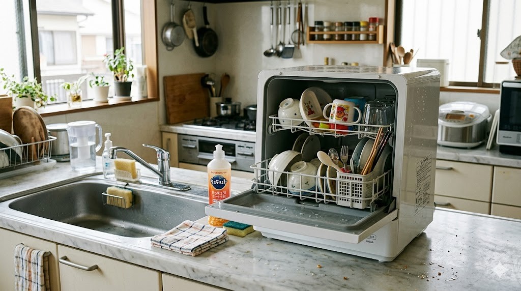 キッチンのシンク横に置かれた卓上食洗機